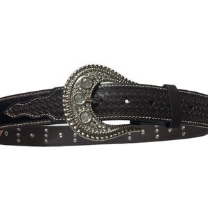 Rhinestone Calf Hair Belt Brown Large